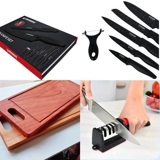 TODO POR $1990.00, set de cuchillos mas amolador y tabla de picar